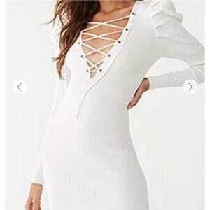 Forever21 White Ribbed V-Neck Lace Up Puff Shoulders Bodycon Mini Dress Sz M NEW
